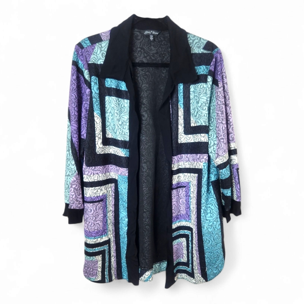 Slinky Brand Geometric Damask Large Collared Open Cardigan Strechy Purple Blue